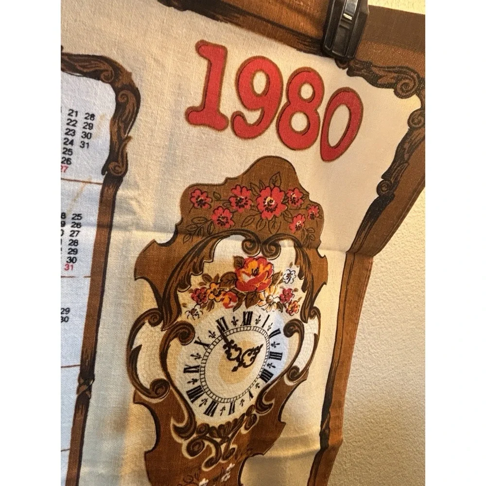 1980 German Clock Cloth Calendar Kitchen Tea Towel With Flowers Clean Condition